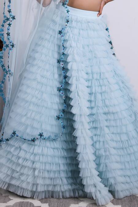 Buy Kiran Kalsi Blue Tulle, Satin Embroidery Round Neck Ruffle Layered Lehenga Set Online at Aza Fashions Buy_Kiran Kalsi_Blue Tulle, Satin Embroidery Round Neck Ruffle Layered Lehenga Set _Online_at_Aza_Fashions