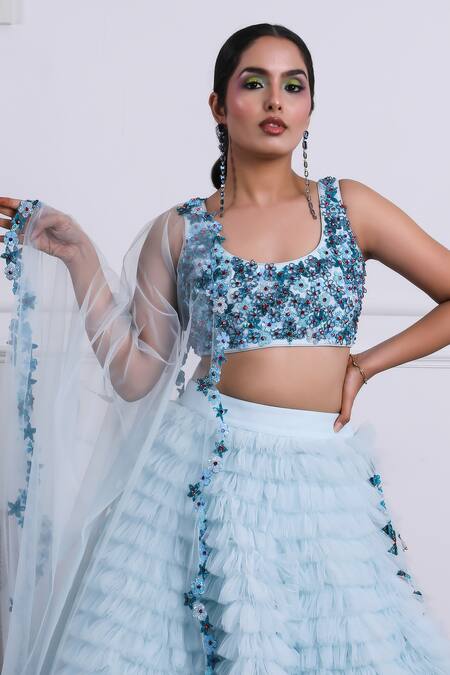 Shop Kiran Kalsi Blue Tulle, Satin Embroidery Round Neck Ruffle Layered Lehenga Set Online at Aza Fashions Shop_Kiran Kalsi_Blue Tulle, Satin Embroidery Round Neck Ruffle Layered Lehenga Set _Online_at_Aza_Fashions