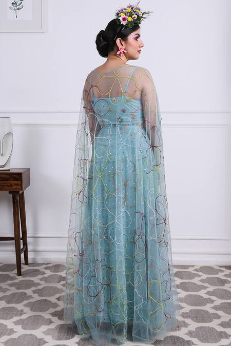 Kiran Kalsi Blue Tulle, Silk Embroidery Square Neck Floral Cape And Skirt Set Online at Aza Fashions Kiran Kalsi_Blue Tulle, Silk Embroidery Square Neck Floral Cape And Skirt Set _Online_at_Aza_Fashions