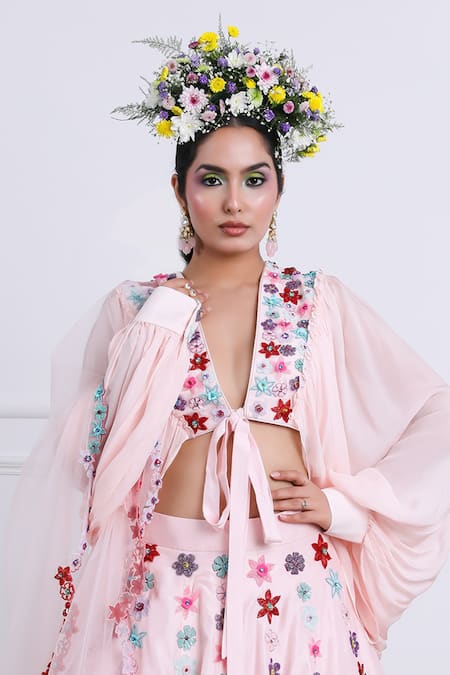 Kiran Kalsi_Pink Chiffon, Silk Embroidery V-neck Raw Hand Lehenga Set _Online_at_Aza_Fashions