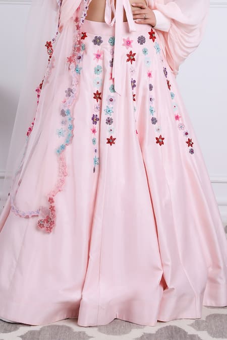 Buy_Kiran Kalsi_Pink Chiffon, Silk Embroidery V-neck Raw Hand Lehenga Set _Online_at_Aza_Fashions