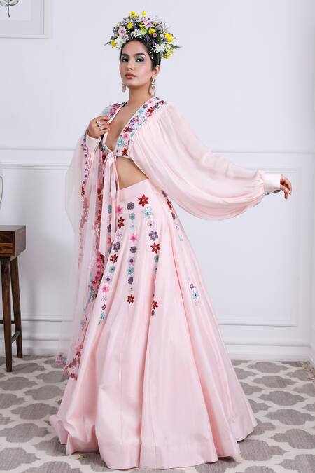 Shop_Kiran Kalsi_Pink Chiffon, Silk Embroidery V-neck Raw Hand Lehenga Set _Online_at_Aza_Fashions