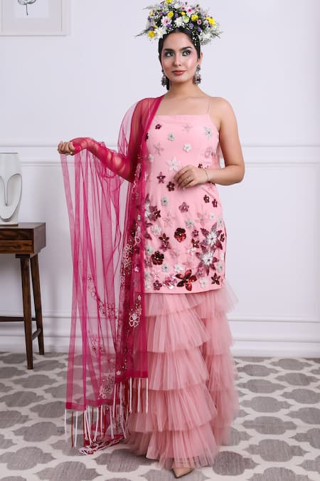 KIRAN KALSI Pink Tulle Embroidery Floral Square Neck Hand Tunic Sharara Set