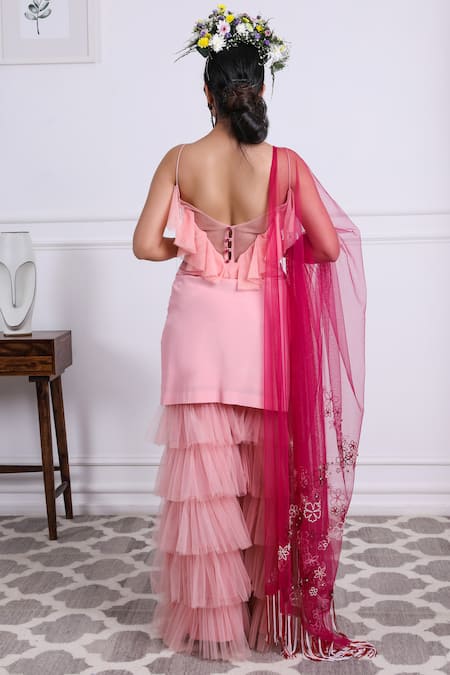 Shop Kiran Kalsi Pink Tulle, Crepe, Silk Embroidery Square Neck Floral Hand Tunic Sharara Set at Aza Fashions Shop_Kiran Kalsi_Pink Tulle, Crepe, Silk Embroidery Square Neck Floral Hand Tunic Sharara Set _at_Aza_Fashions
