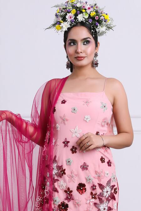 Kiran Kalsi Pink Tulle, Crepe, Silk Embroidery Square Neck Floral Hand Tunic Sharara Set Online at Aza Fashions Kiran Kalsi_Pink Tulle, Crepe, Silk Embroidery Square Neck Floral Hand Tunic Sharara Set _Online_at_Aza_Fashions
