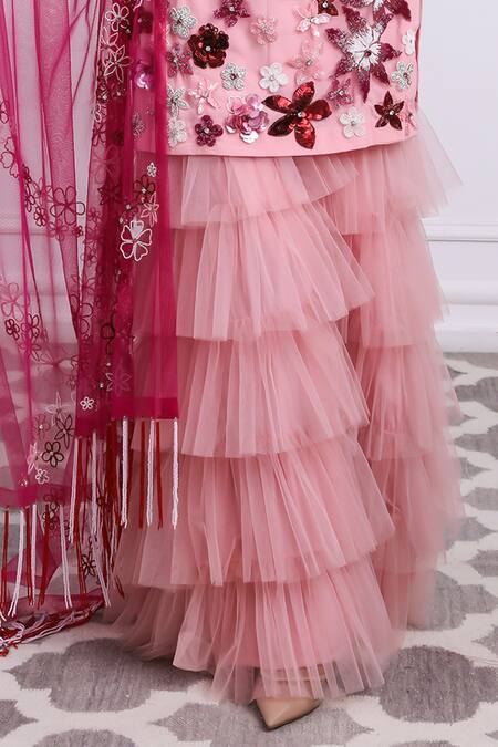 Buy Kiran Kalsi Pink Tulle, Crepe, Silk Embroidery Square Neck Floral Hand Tunic Sharara Set Online at Aza Fashions Buy_Kiran Kalsi_Pink Tulle, Crepe, Silk Embroidery Square Neck Floral Hand Tunic Sharara Set _Online_at_Aza_Fashions