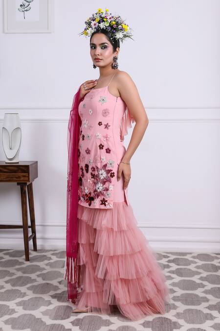 Shop Kiran Kalsi Pink Tulle, Crepe, Silk Embroidery Square Neck Floral Hand Tunic Sharara Set Online at Aza Fashions Shop_Kiran Kalsi_Pink Tulle, Crepe, Silk Embroidery Square Neck Floral Hand Tunic Sharara Set _Online_at_Aza_Fashions