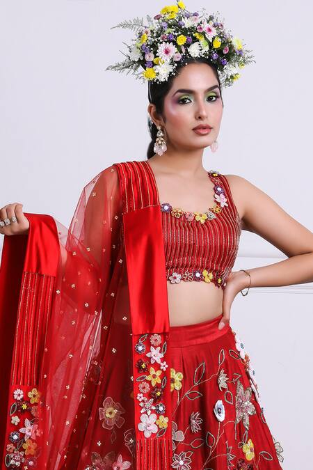 Shop Kiran Kalsi Red Tulle, , Satin Embroidery, Sequins Scoop Neck Raw 3d Lehenga Set Online at Aza Fashions Shop_Kiran Kalsi_Red Tulle, , Satin Embroidery, Sequins Scoop Neck Raw 3d Lehenga Set _Online_at_Aza_Fashions
