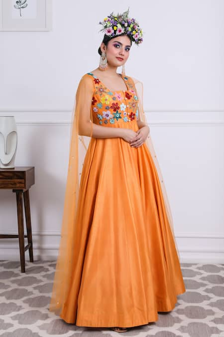 KIRAN KALSI Orange Tulle Embroidery Floral Scoop Neck Bodice Anarkali 