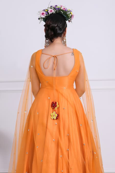 Shop Kiran Kalsi Orange Tulle, Silk Embroidery Scoop Neck Floral Bodice Anarkali at Aza Fashions Shop_Kiran Kalsi_Orange Tulle, Silk Embroidery Scoop Neck Floral Bodice Anarkali _at_Aza_Fashions
