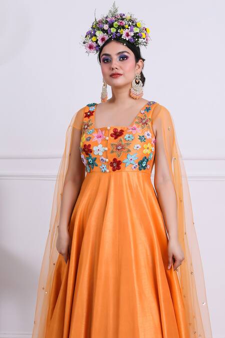 Kiran Kalsi Orange Tulle, Silk Embroidery Scoop Neck Floral Bodice Anarkali Online at Aza Fashions Kiran Kalsi_Orange Tulle, Silk Embroidery Scoop Neck Floral Bodice Anarkali _Online_at_Aza_Fashions