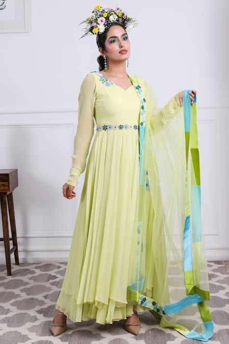 KIRAN KALSI Green Tulle Embroidery Floral V Neck Placement Anarkali With Dupatta 