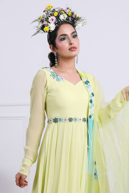 Kiran Kalsi Green Tulle, Georgette, Chiffon Placement Floral Anarkali With Dupatta Online at Aza Fashions Kiran Kalsi_Green Tulle, Georgette, Chiffon Placement Floral Anarkali With Dupatta _Online_at_Aza_Fashions