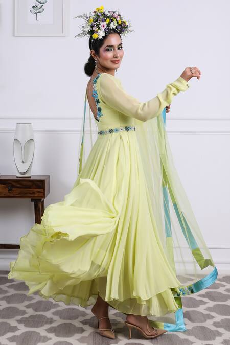 Buy Kiran Kalsi Green Tulle, Georgette, Chiffon Placement Floral Anarkali With Dupatta Online at Aza Fashions Buy_Kiran Kalsi_Green Tulle, Georgette, Chiffon Placement Floral Anarkali With Dupatta _Online_at_Aza_Fashions