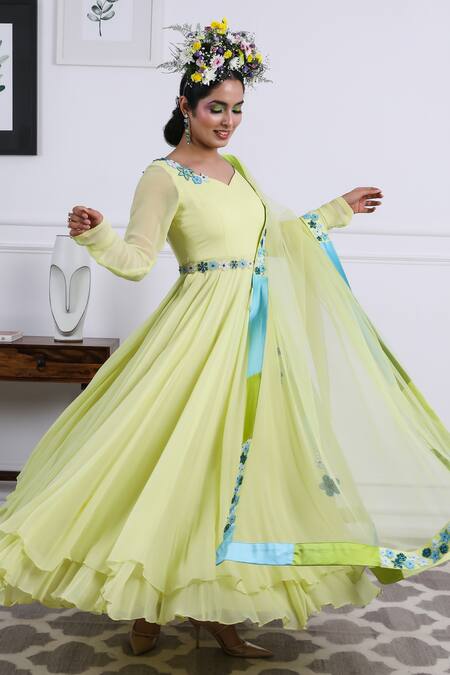 Shop Kiran Kalsi Green Tulle, Georgette, Chiffon Placement Floral Anarkali With Dupatta Online at Aza Fashions Shop_Kiran Kalsi_Green Tulle, Georgette, Chiffon Placement Floral Anarkali With Dupatta _Online_at_Aza_Fashions
