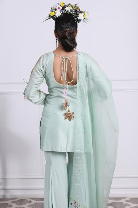 Shop Kiran Kalsi Green Organza, Crepe, Silk Embroidery Round Neck Floral Bloom Kurta Sharara Set at Aza Fashions Shop_Kiran Kalsi_Green Organza, Crepe, Silk Embroidery Round Neck Floral Bloom Kurta Sharara Set _at_Aza_Fashions