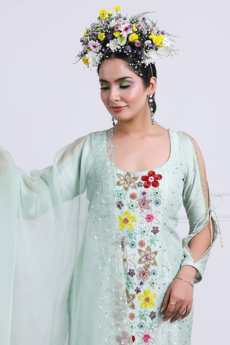 Kiran Kalsi Green Organza, Crepe, Silk Embroidery Round Neck Floral Bloom Kurta Sharara Set Online at Aza Fashions Kiran Kalsi_Green Organza, Crepe, Silk Embroidery Round Neck Floral Bloom Kurta Sharara Set _Online_at_Aza_Fashions