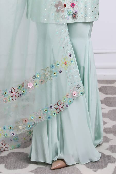 Buy Kiran Kalsi Green Organza, Crepe, Silk Embroidery Round Neck Floral Bloom Kurta Sharara Set Online at Aza Fashions Buy_Kiran Kalsi_Green Organza, Crepe, Silk Embroidery Round Neck Floral Bloom Kurta Sharara Set _Online_at_Aza_Fashions