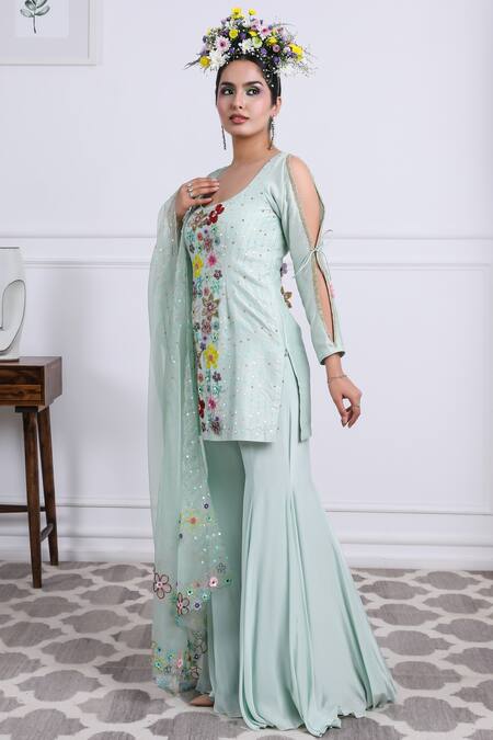 Shop Kiran Kalsi Green Organza, Crepe, Silk Embroidery Round Neck Floral Bloom Kurta Sharara Set Online at Aza Fashions Shop_Kiran Kalsi_Green Organza, Crepe, Silk Embroidery Round Neck Floral Bloom Kurta Sharara Set _Online_at_Aza_Fashions