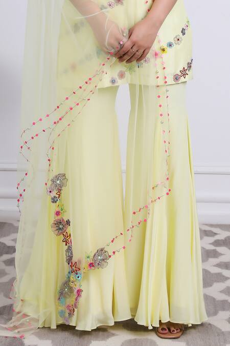 Kiran Kalsi_Yellow Tulle, Crepe, Silk Embroidery Round Neck Floral Kurta Sharara Set_Online_at_Aza_Fashions