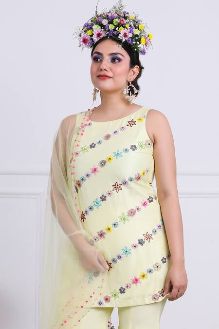 Buy_Kiran Kalsi_Yellow Tulle, Crepe, Silk Embroidery Round Neck Floral Kurta Sharara Set_Online_at_Aza_Fashions