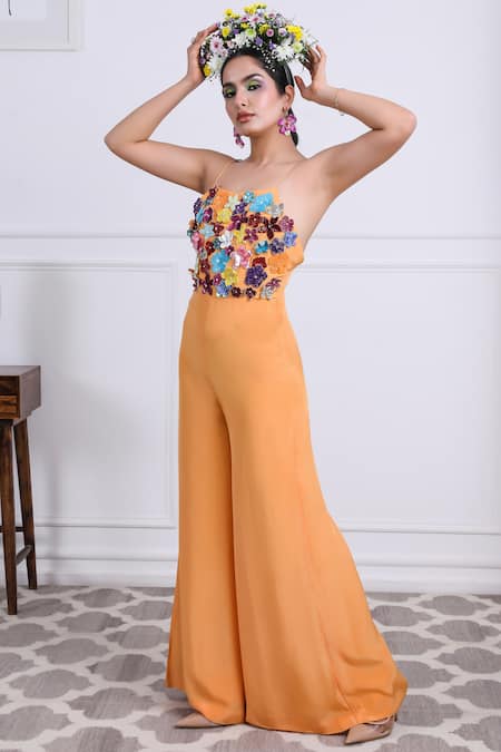 Kiran Kalsi Orange Crepe, Satin Embroidery Square Neck Floral Bodice Jumpsuit Online at Aza Fashions Kiran Kalsi_Orange Crepe, Satin Embroidery Square Neck Floral Bodice Jumpsuit_Online_at_Aza_Fashions
