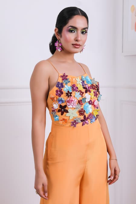 Buy Kiran Kalsi Orange Crepe, Satin Embroidery Square Neck Floral Bodice Jumpsuit Online at Aza Fashions Buy_Kiran Kalsi_Orange Crepe, Satin Embroidery Square Neck Floral Bodice Jumpsuit_Online_at_Aza_Fashions