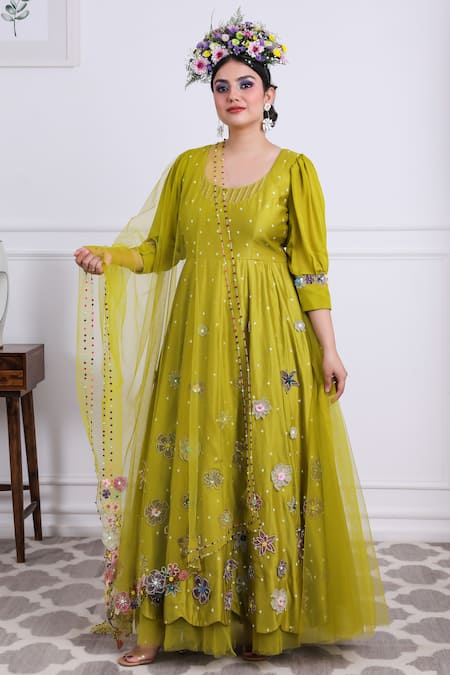 Kiran Kalsi_Green Chanderi, Tulle, Organza, Satin Flower Bloom Anarkali With Dupatta _Online_at_Aza_Fashions