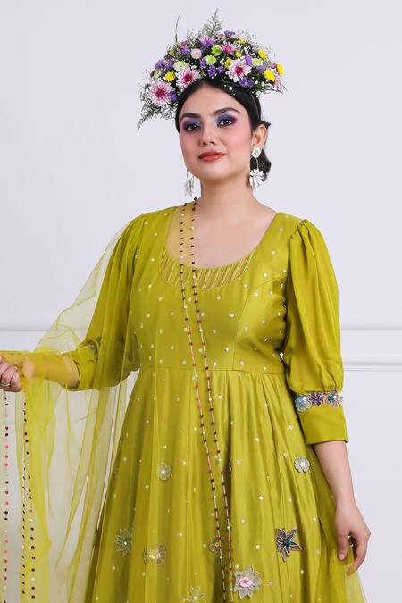 Buy_Kiran Kalsi_Green Chanderi, Tulle, Organza, Satin Flower Bloom Anarkali With Dupatta _Online_at_Aza_Fashions