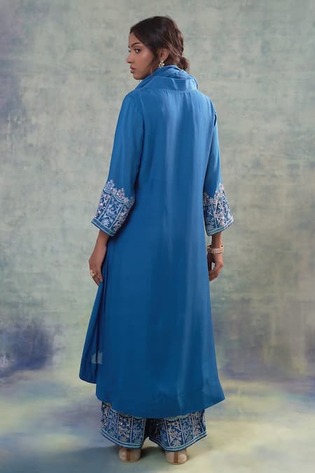 Shop Sonia Khatri Blue Muslin Tassels, Embroidery V-neck Floral High Low Tunic Set at Aza Fashions Shop_Sonia Khatri_Blue Muslin Tassels, Embroidery V-neck Floral High Low Tunic Set _at_Aza_Fashions
