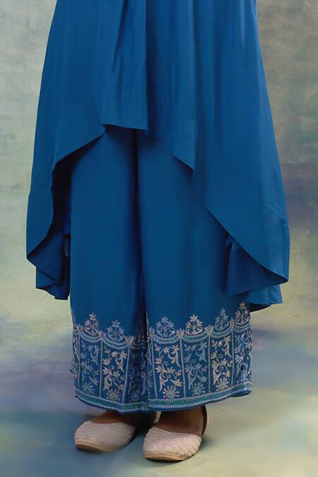 Buy Sonia Khatri Blue Muslin Tassels, Embroidery V-neck Floral High Low Tunic Set Online at Aza Fashions Buy_Sonia Khatri_Blue Muslin Tassels, Embroidery V-neck Floral High Low Tunic Set _Online_at_Aza_Fashions