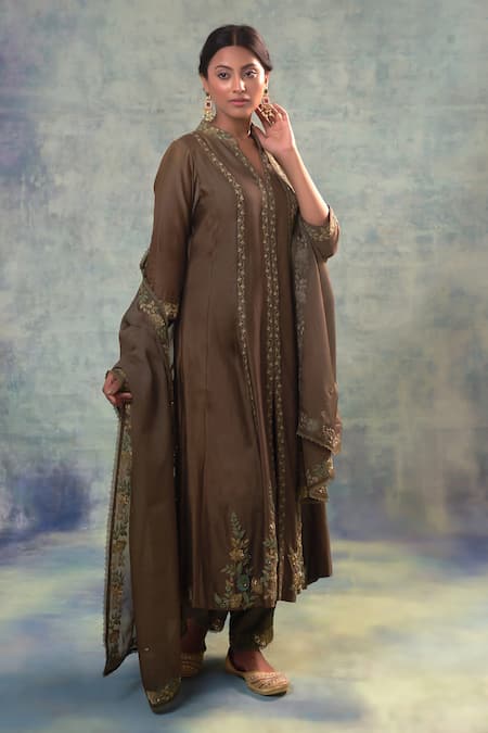 Buy_Sonia Khatri_Green Silk, Organza Embroidery Bandeau Neck Floral Kurta Palazzo Set _Online_at_Aza_Fashions