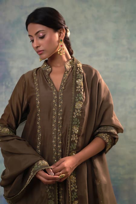 Shop_Sonia Khatri_Green Silk, Organza Embroidery Bandeau Neck Floral Kurta Palazzo Set _Online_at_Aza_Fashions