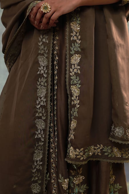 Sonia Khatri_Green Silk, Organza Embroidery Bandeau Neck Floral Kurta Palazzo Set _at_Aza_Fashions