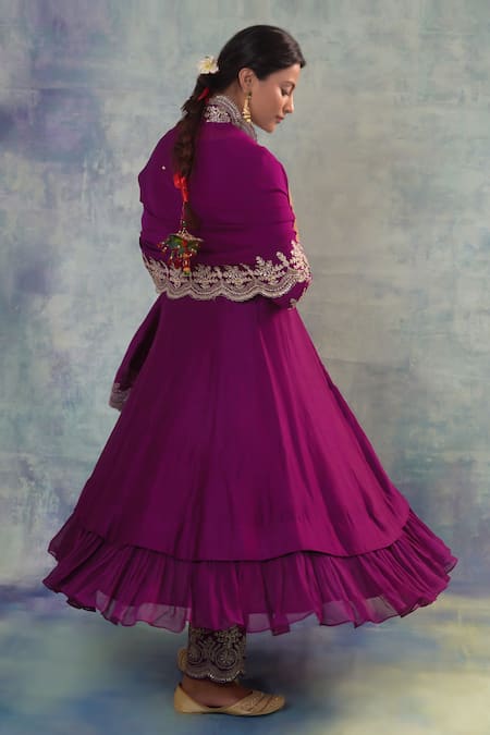 Shop Sonia Khatri Purple Silk, Organza Embroidery V-neck Grape Vogue Anarkali Palazzo Set at Aza Fashions Shop_Sonia Khatri_Purple Silk, Organza Embroidery V-neck Grape Vogue Anarkali Palazzo Set _at_Aza_Fashions