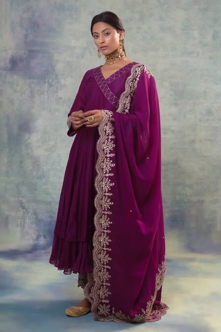 Sonia Khatri Purple Silk, Organza Embroidery V-neck Grape Vogue Anarkali Palazzo Set Online at Aza Fashions Sonia Khatri_Purple Silk, Organza Embroidery V-neck Grape Vogue Anarkali Palazzo Set _Online_at_Aza_Fashions
