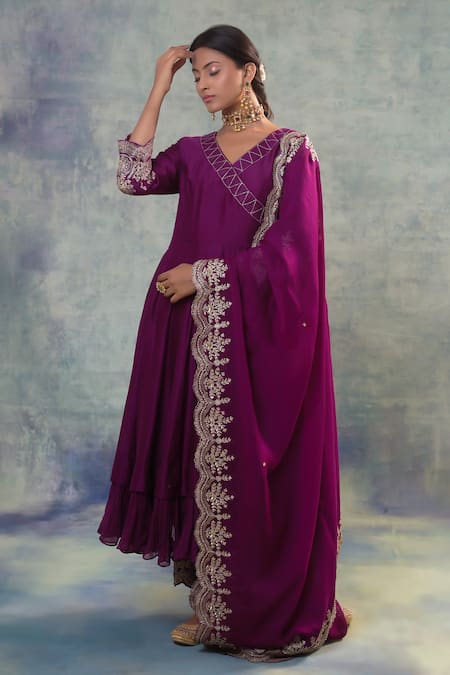 Buy Sonia Khatri Purple Silk, Organza Embroidery V-neck Grape Vogue Anarkali Palazzo Set Online at Aza Fashions Buy_Sonia Khatri_Purple Silk, Organza Embroidery V-neck Grape Vogue Anarkali Palazzo Set _Online_at_Aza_Fashions