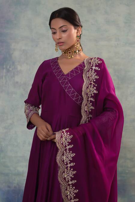 Shop Sonia Khatri Purple Silk, Organza Embroidery V-neck Grape Vogue Anarkali Palazzo Set Online at Aza Fashions Shop_Sonia Khatri_Purple Silk, Organza Embroidery V-neck Grape Vogue Anarkali Palazzo Set _Online_at_Aza_Fashions
