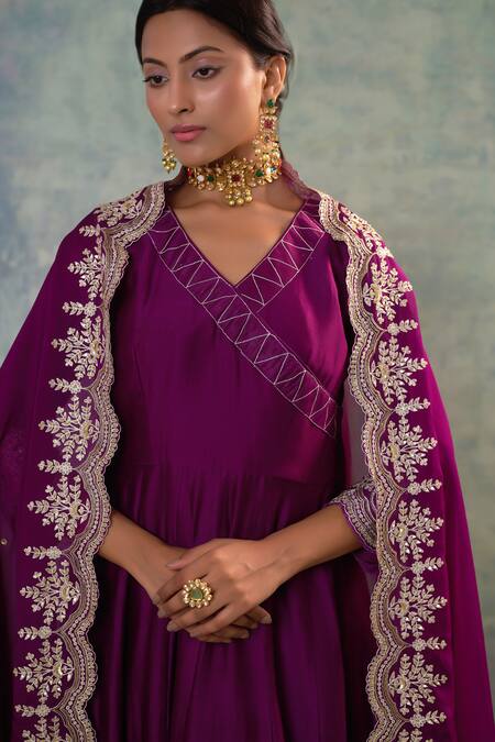 Buy Sonia Khatri Purple Silk, Organza Embroidery V-neck Grape Vogue Anarkali Palazzo Set Buy_Sonia Khatri_Purple Silk, Organza Embroidery V-neck Grape Vogue Anarkali Palazzo Set