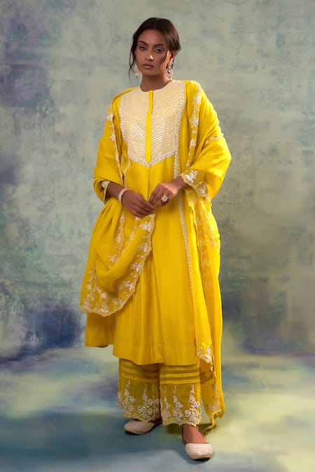 Sonia Khatri Yellow Silk, Organza Embroidery, Sequins Round Neck Sunny Vivid Suit Palazzo Set 