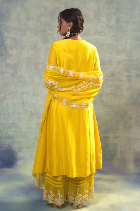 Shop Sonia Khatri Yellow Silk, Organza Embroidery, Sequins Round Neck Sunny Vivid Suit Palazzo Set at Aza Fashions Shop_Sonia Khatri_Yellow Silk, Organza Embroidery, Sequins Round Neck Sunny Vivid Suit Palazzo Set _at_Aza_Fashions
