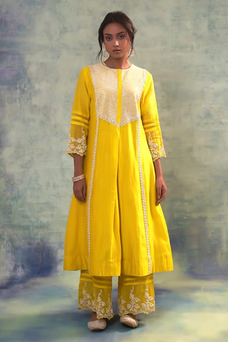 Sonia Khatri Yellow Silk, Organza Embroidery, Sequins Round Neck Sunny Vivid Suit Palazzo Set Online at Aza Fashions Sonia Khatri_Yellow Silk, Organza Embroidery, Sequins Round Neck Sunny Vivid Suit Palazzo Set _Online_at_Aza_Fashions