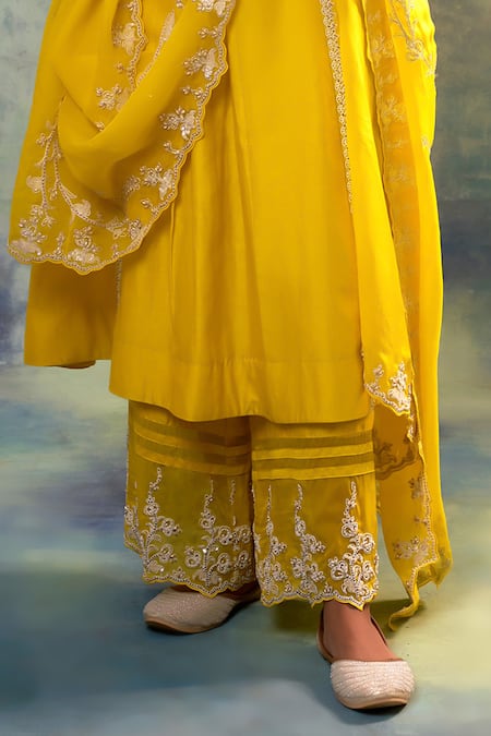 Shop Sonia Khatri Yellow Silk, Organza Embroidery, Sequins Round Neck Sunny Vivid Suit Palazzo Set Online at Aza Fashions Shop_Sonia Khatri_Yellow Silk, Organza Embroidery, Sequins Round Neck Sunny Vivid Suit Palazzo Set _Online_at_Aza_Fashions