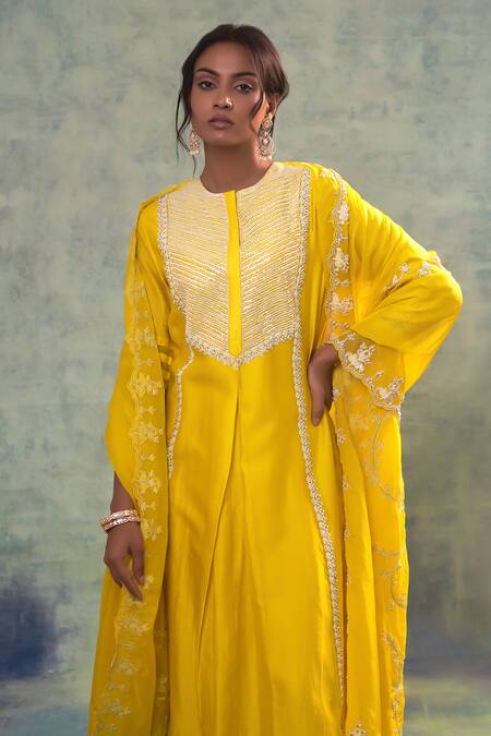 Sonia Khatri Yellow Silk, Organza Embroidery, Sequins Round Neck Sunny Vivid Suit Palazzo Set at Aza Fashions Sonia Khatri_Yellow Silk, Organza Embroidery, Sequins Round Neck Sunny Vivid Suit Palazzo Set _at_Aza_Fashions