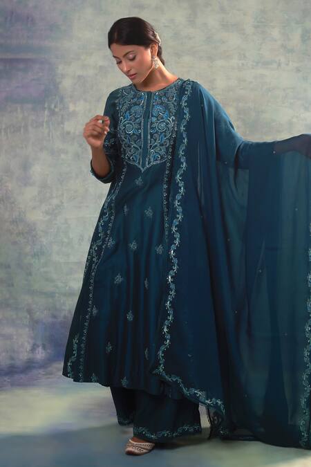 Sonia Khatri_Blue Silk, Organza Embroidery, Sequins Round Neck Enticing Suit Palazzo Set _Online_at_Aza_Fashions