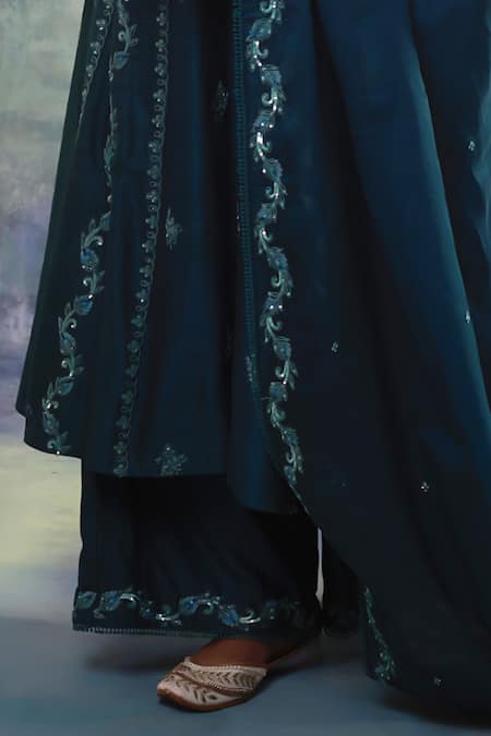 Buy_Sonia Khatri_Blue Silk, Organza Embroidery, Sequins Round Neck Enticing Suit Palazzo Set _Online_at_Aza_Fashions