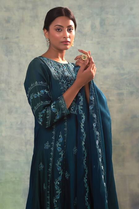 Shop_Sonia Khatri_Blue Silk, Organza Embroidery, Sequins Round Neck Enticing Suit Palazzo Set _Online_at_Aza_Fashions