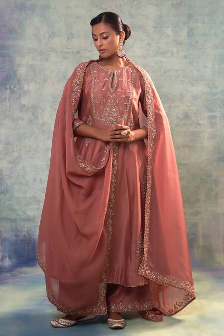 Shop Sonia Khatri Pink Silk, Organza Sequins, Embroidery Round Neck Charm Suit Palazzo Set Online at Aza Fashions Shop_Sonia Khatri_Pink Silk, Organza Sequins, Embroidery Round Neck Charm Suit Palazzo Set _Online_at_Aza_Fashions