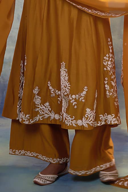Sonia Khatri_Yellow Silk, Organza Embroidery, Sequins V-neck Bliss Suit Palazzo Set _Online_at_Aza_Fashions