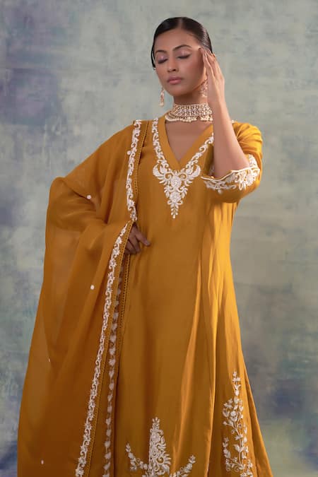 Buy_Sonia Khatri_Yellow Silk, Organza Embroidery, Sequins V-neck Bliss Suit Palazzo Set _Online_at_Aza_Fashions